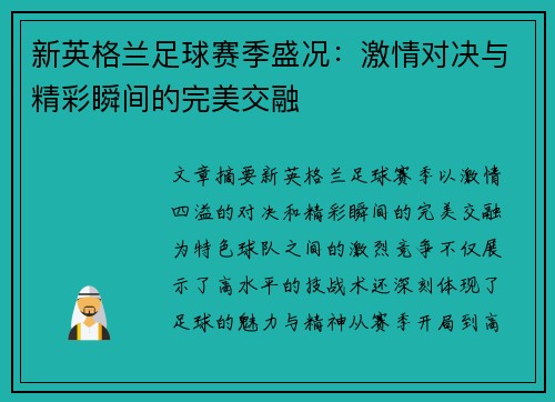 新英格兰足球赛季盛况：激情对决与精彩瞬间的完美交融