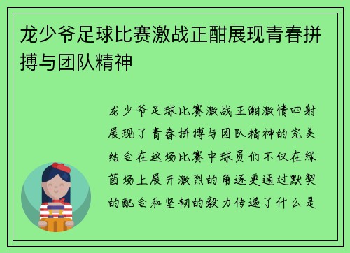 龙少爷足球比赛激战正酣展现青春拼搏与团队精神