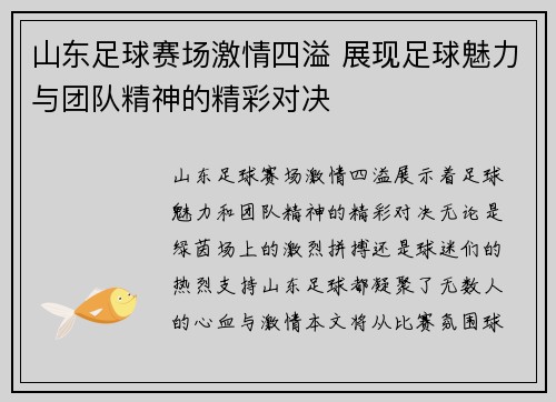 山东足球赛场激情四溢 展现足球魅力与团队精神的精彩对决