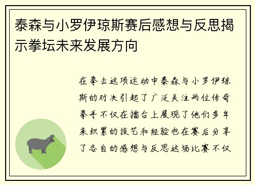 泰森与小罗伊琼斯赛后感想与反思揭示拳坛未来发展方向