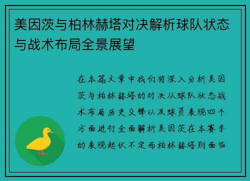 美因茨与柏林赫塔对决解析球队状态与战术布局全景展望