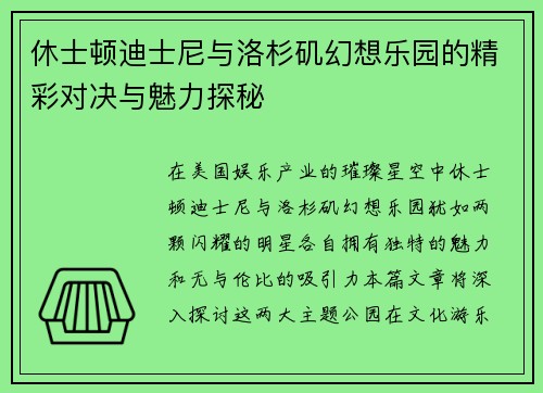 休士顿迪士尼与洛杉矶幻想乐园的精彩对决与魅力探秘