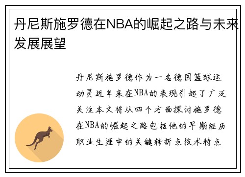丹尼斯施罗德在NBA的崛起之路与未来发展展望