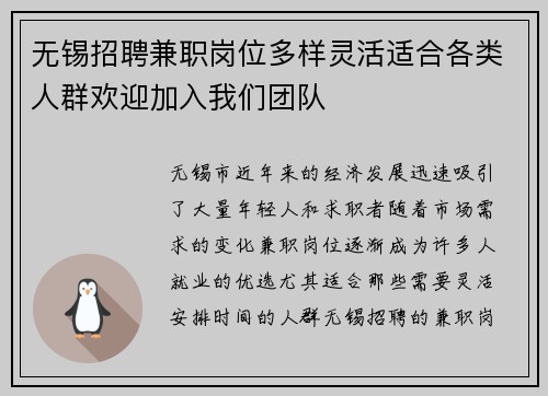 无锡招聘兼职岗位多样灵活适合各类人群欢迎加入我们团队