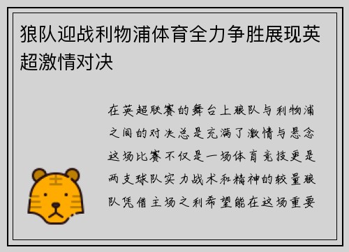 狼队迎战利物浦体育全力争胜展现英超激情对决