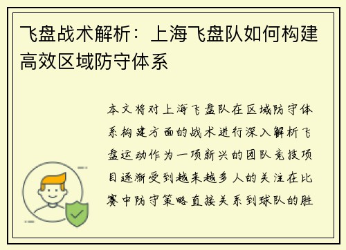飞盘战术解析：上海飞盘队如何构建高效区域防守体系