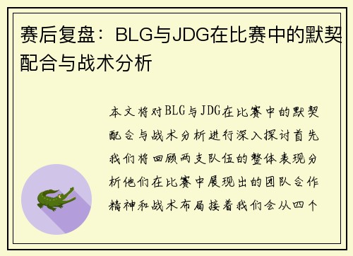 赛后复盘：BLG与JDG在比赛中的默契配合与战术分析