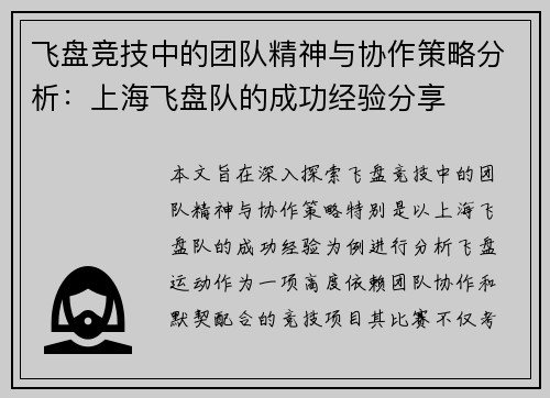 飞盘竞技中的团队精神与协作策略分析：上海飞盘队的成功经验分享